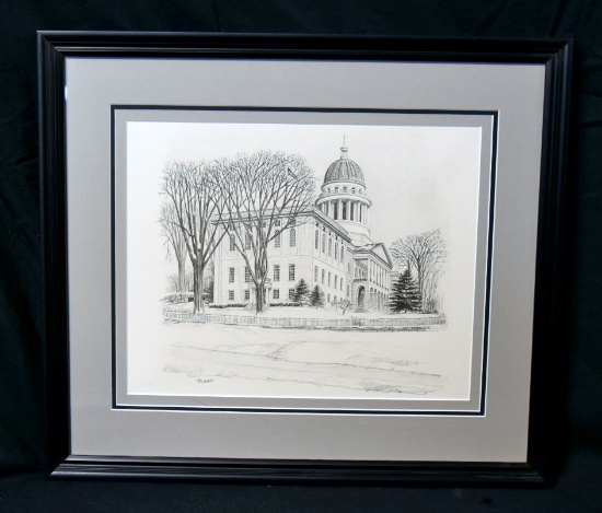 "MAINE STATE CAPITOL" SIGNED, PENCIL DRAWING BY PAUL PLUMMER, DOUBLE MATTED & FRAMED TO 24 X 21