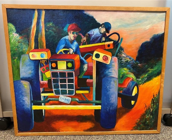 "FARM SCENE IN BOWDOINHAM, ME" FRAMED OIL ON CANVAS PAINTING BY RUTHANNE HARRISON, 1988, 31.5 X 26.5