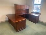 NATIONAL OFFICE FURNITURE EXECUTIVE DESK, RIGHT RETURN, RAISED PANEL, SINGLE PEDESTAL W/ HUTCH TOP