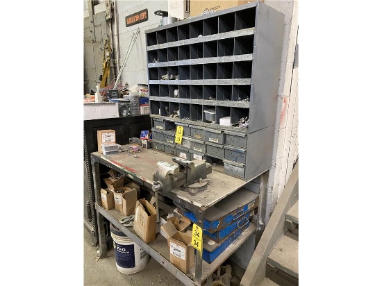 LOT: 18-DRAWER PARTS CABINET, 40-BIN BOLT CABINET W/ CONTENTS ON AND UNDER BENCH