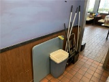 R-LOT: 2-HOKEYS, 3-BROOMS, 3-WASTE CANS, CARD TABLE, STEP STOOL