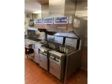 E-PITCO 3-BAY FRY STATION W/ 2-MODEL SG14R 50LB FRYERS, 1- AG1S-C-F FRYER, HOOD SYSTEM, LP GAS