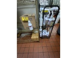E-LOT: ASST. CLEANING PRODUCTS, TRAYS, CUPS, MASKS, BLACK METAL RACK