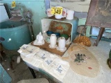 LOT: BREAD BOX AND ASSORTED GLASSWARE, DOILIES