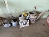 LOT: ASSORTED TEAPOTS, PRESTONE CAN, WATER CAN, ICE SIGN