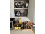 LOT: ASSORTED KITCHEN UTENSILS, FLATWARE, DISHWARE