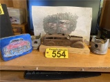 LOT: AUTOMOTIVE TIN, TOY CAR, PISTON HEADS, PRINT