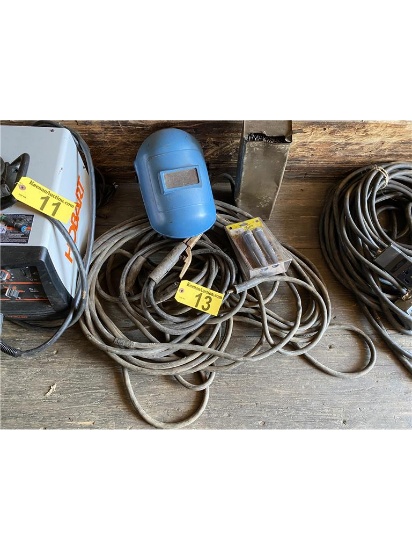 WELDING LOT: LEADS, CONNECTORS, HELMET & ROD