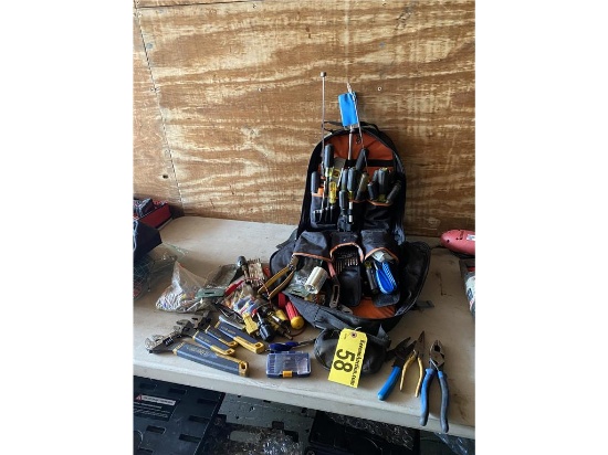 ASSORTED TOOL LOT W/KLEIN TOOL BAG; VISE GRIPS, DRIVERS, PLIERS, BITS, CUTTERS, WIRE NUTS