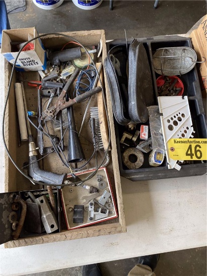 MISC. TOOL LOT: BOX OF RIVETS, BRUSHES, NUTS & BOLTS, MISC. HAND TOOLS