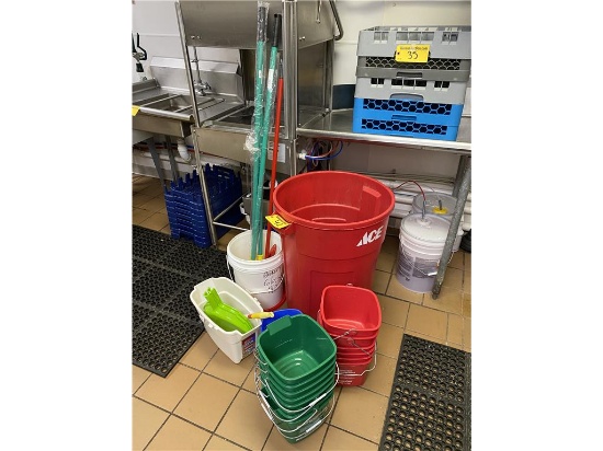 LOT: GARBAGE CAN, MOPS, BUCKETS