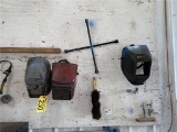 LOT: WELDING HELMETS, AIR CHUCKS, BRUSH, 4-WAY WRENCH