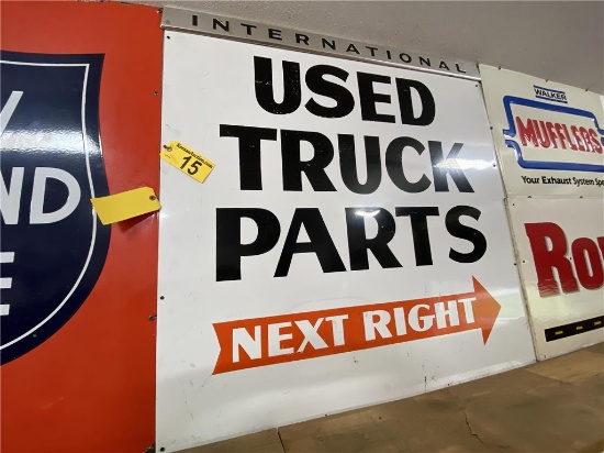 USED TRUCK PARTS METAL SIGN, 4' X 4', W/INTERNATIONAL CHROME MOULDING