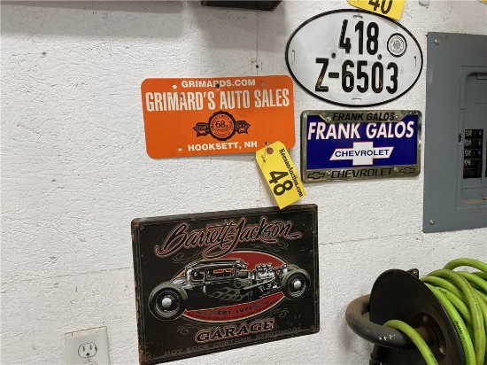 3-ADVERTISING AUTO LICENSE PLATES & BARRETT JACKSON GARAGE SIGN