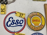 (2) TIN AUTOMOBILE SIGNS: ESSO & SHELL MOTOR OIL & GASOLINE, 11