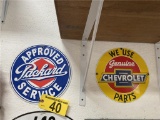 (2) TIN AUTO SERVICE SIGNS: PACKARD APPROVED SERVICE & CHEVROLET GENUINE PARTS, 11