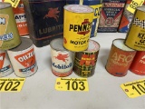 (3) VINTAGE 1-QT MOTOR OIL CANS; MOBIL, MACMILLAN, PENNZOIL