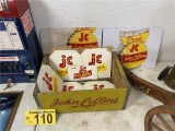 JOHN COLLINS BEVERAGE CRATE & 7-ASSORTED TIN SIGNS