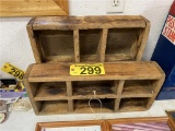 2-VINTAGE WOODEN KNICK KNACK WALL DISPLAY SHELVES; 6-SLOT & 7-SLOT