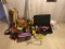 MISC LOT: CAR CARE ITEMS, BATTERY CHARGERS, STRAPS, MUSICAL HORN, TOOL BOX & TOOLS, FISHING POLE