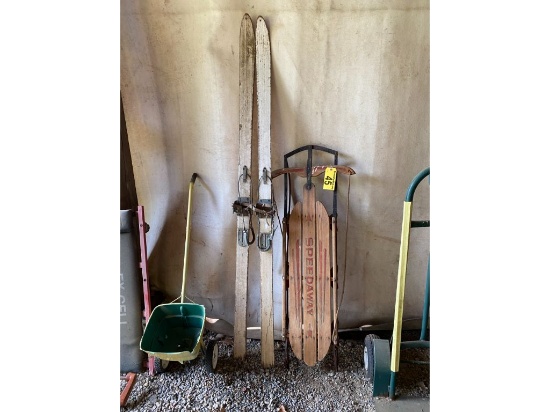 LOT: SPEEDAWAY DOUBLE RUNNER SLED & PAIR OF WOODEN SKIS