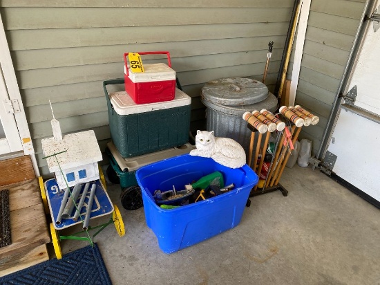 LOT: GARDEN CART, COOLERS, WAGON, CROQUET SET, TOYS, CHURCH CHIME, CERAMIC CAT, WASTE CAN