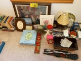 MISC. LOT: PRINT, MUSIC STAND, WALL HANGINGS, LAMPS, CURIOS