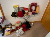 IRONING BOARD & IRON, HATS, CLUTCHES, PILLOWS, CRIBBAGE BOARD & MISC