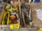 MISC. LOT: DRILL BRUSH, SAFETY GOGGLES, UTILITY KNIVES, MISC. ELECTRICAL, SQUARES, COME-ALONG