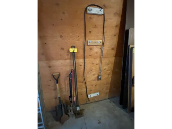 MISC. LOT: WAGON JACK, SQUARE TIP SHOVEL, PIPE WRENCH, CHISEL BIT, PROPANE TORCH & CORD