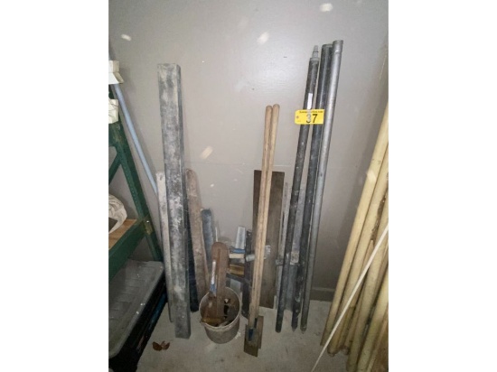 LOT OF MASONRY TOOLS: BULL FLOATS, HAND TROWELS, SCREEDS - ONE IS 12'
