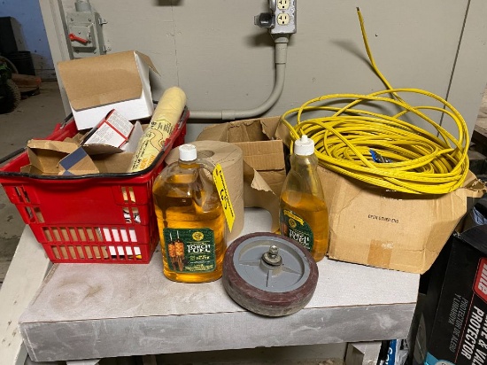 MISC. LOT: TORCH FUEL, ELECTRICAL, PAINT SUNDRIES, ROLL OF 10/8/15 4WIRE ELECTRICAL WIRE, CART WHEEL
