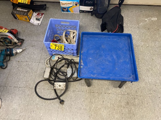 LOT: DISH RACK CART, ASSORTED RATCHETS, EXTENSION CORDS & POWER STRIP