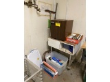 EMERSON MINI REFRIGERATOR & MISC.: PLUMBING SNAKE, CLEANING SUPPLIES, KITCHEN CART, SQUEEGEES, HOSE
