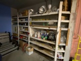 CONTENTS ON SHELVING: CLEANING SUPPLIES, ASSORTED LIGHT FIXTURES, SHRINK WRAP TOOL, SCOUR PRO