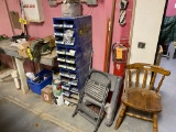 MISC. LOT: CONTENTS ON & UNDER BENCH - HOCKEY EQUIPMENT, CHAIR, 4-MF FASTENER CABINETS, BOLTS, NUTS