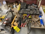 ASSORTED TOOL LOT: SCREW DRIVERS, WRENCHES, HAMMERS, SCRAPERS, SAW & MISC.