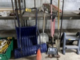 MISC. LONG HANDLED TOOLS, SCOOP, SHOVELS, HITCH & BALL