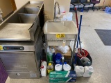 MOP SINK W/ CLEANING SUPPLIES, MOPS, MOP BUCKETS, REYNOLDS PLASTIC WRAP