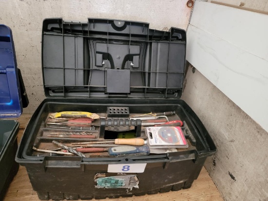 HUSKY TOOL BOX & CONTENTS: ASSORTED DRILL  BITS, SCREW DRIVERS, SHARPENERS, PLIERS, CUTTERS