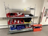 FLR 2: 4-SHELF S/S PORTABLE WIRE RACK & CONTENTS: ASSORTED TRAINING DEVICES & MEDICAL SUPPLIES