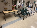 FLR 2: LOT: ADJUSTABLE HEIGHT WORK STATION W/ 6-ASSORTED CHAIRS & KEYBOARD TRAY