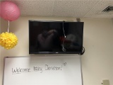 FLR 2: CONTENTS OF BREAK ROOM: DECORATIONS, 6' STEEL TRIPOD, 6' PROJECTOR SCREEN, RCA PRO SERIES