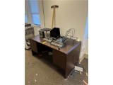 FLR 3: 5' WOODEN DESK W/ ASSORTED OFFICE SUPPLIES & MISC TOOLS