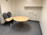 FLR B1: CONTENTS OF OFFICE: ROUNDTOP TABLE, 2-WOODEN STACKABLE CHAIRS, WALL MOUNTED SHELVING