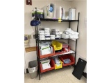 FLR B1: SAFCO 4-SHELF BLACK WIRE RACK & CONTENTS: MEDICAL SAFETY WEAR, GLOVES, SURGICAL GOWNS,