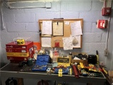 FLR B2: LOT OF ASSORTED TOOLS ON TOP OF BENCH: SOCKET SET, LOCK OUTS, TAPE MEASURE, PIPE CUTTER,