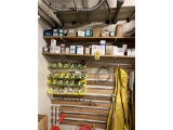 FLR B2: CONTENTS ON 2-SHELVES & WALL: ASSORTED LONG HANDLED TOOLS, ASSORTED BOLTS, FASTENERS & MISC.