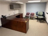 FLR B2: CONTENTS OF OFFICE: 5-ASSORTED CHAIRS, OVERHEAD FILE FLIPTOP CABINET, L-SHAPE WOODEN OFFICE