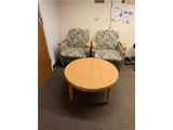 FLR 1: LOT: 2-RECEPTION CHAIRS & ROUND COFFEE TABLE